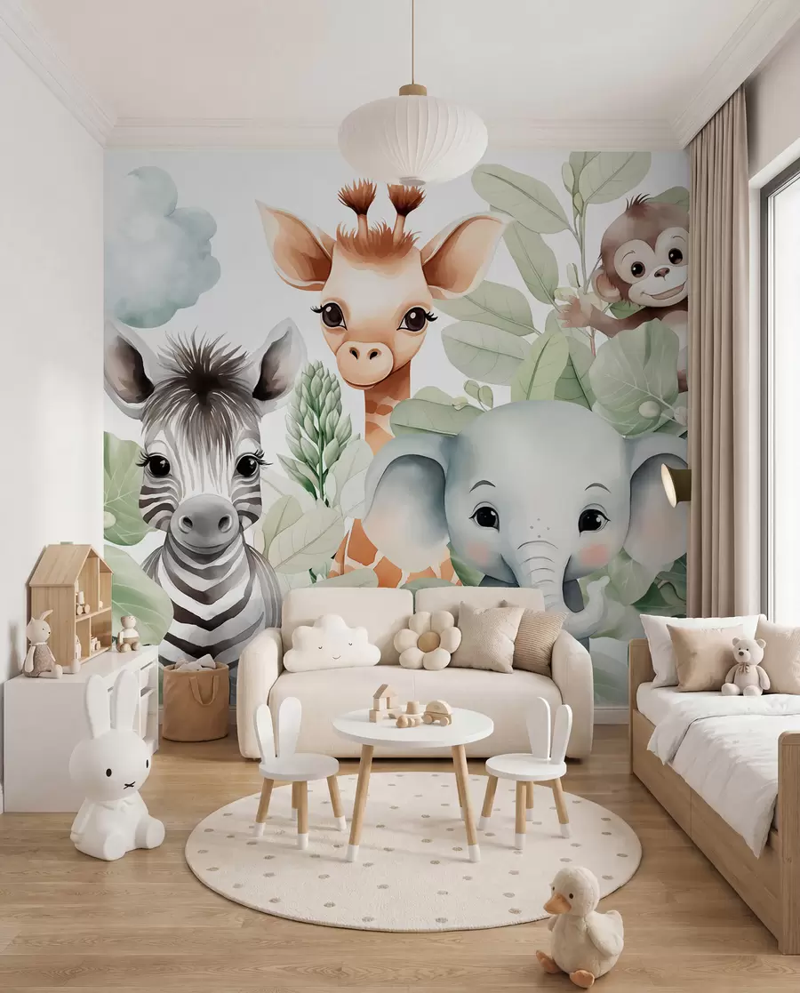 Fototapet Žirafa, zebra, slon a opice mezi listím w03677