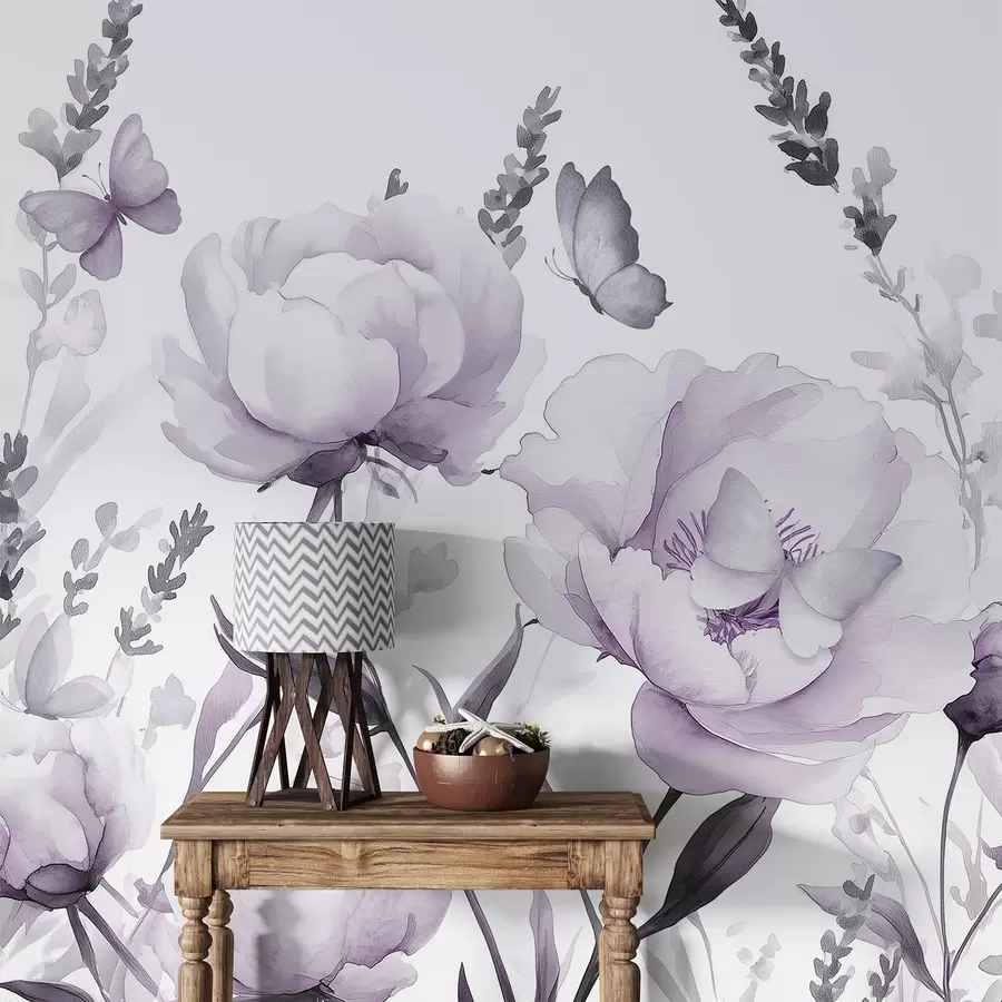 Fototapet Květinová louka, pivoňky, levandule, motýli, akvarelový styl, barvy zorniček w03668v3