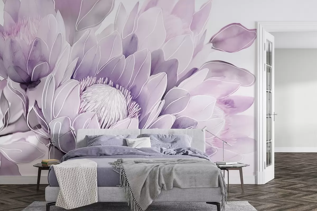 Fototapet Krásné květy protea, line art kresba, tropické, fialové barvy w03669v1