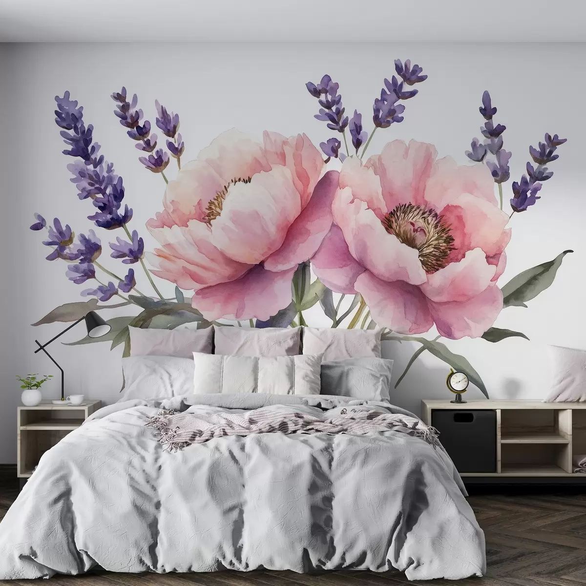 Fototapet Akvarelový styl pivoňky, levandule, květiny, přírodní barvy w03671