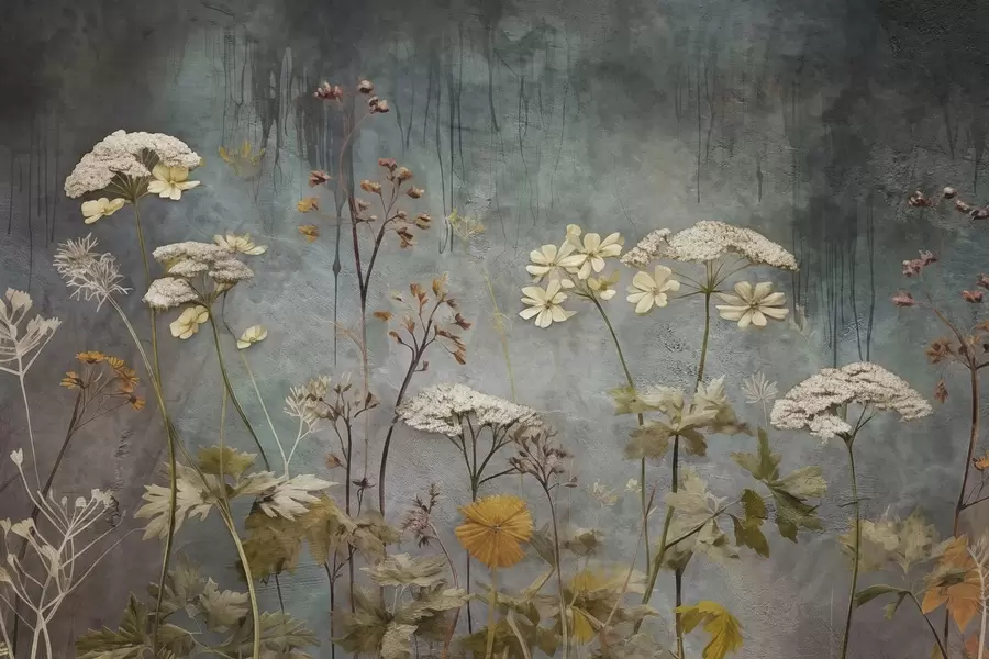 Fototapet Divoké květiny a trávy na pozadí grunge zdi w03697