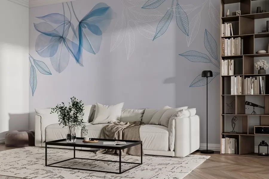 Fototapet jemné průsvitné květy a listy v modrých tónech w03616