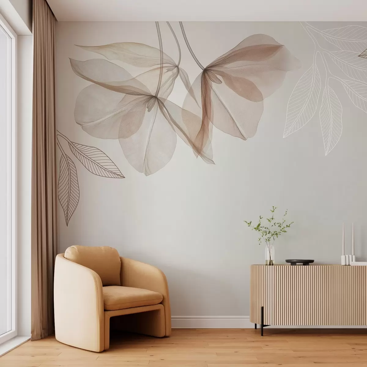 Fototapet jemné průsvitné květy a listy v moka odstínech w03616v3