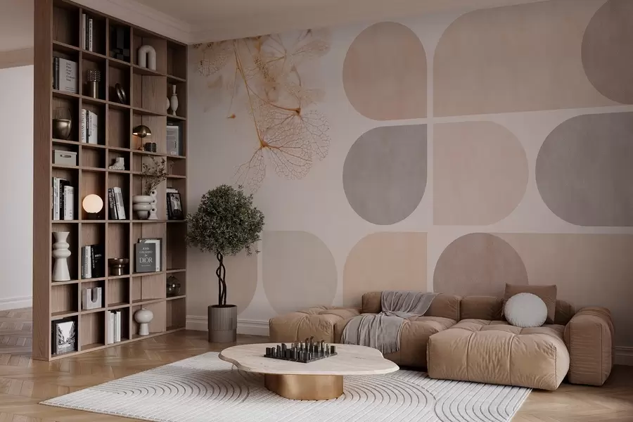 Fototapet geometrie a sušené květy s žilkami v béžových tónech w03617