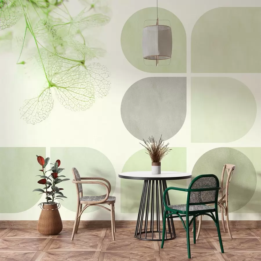 Fototapet geometrie a sušené květy s žilkami v zelených tónech w03617v1