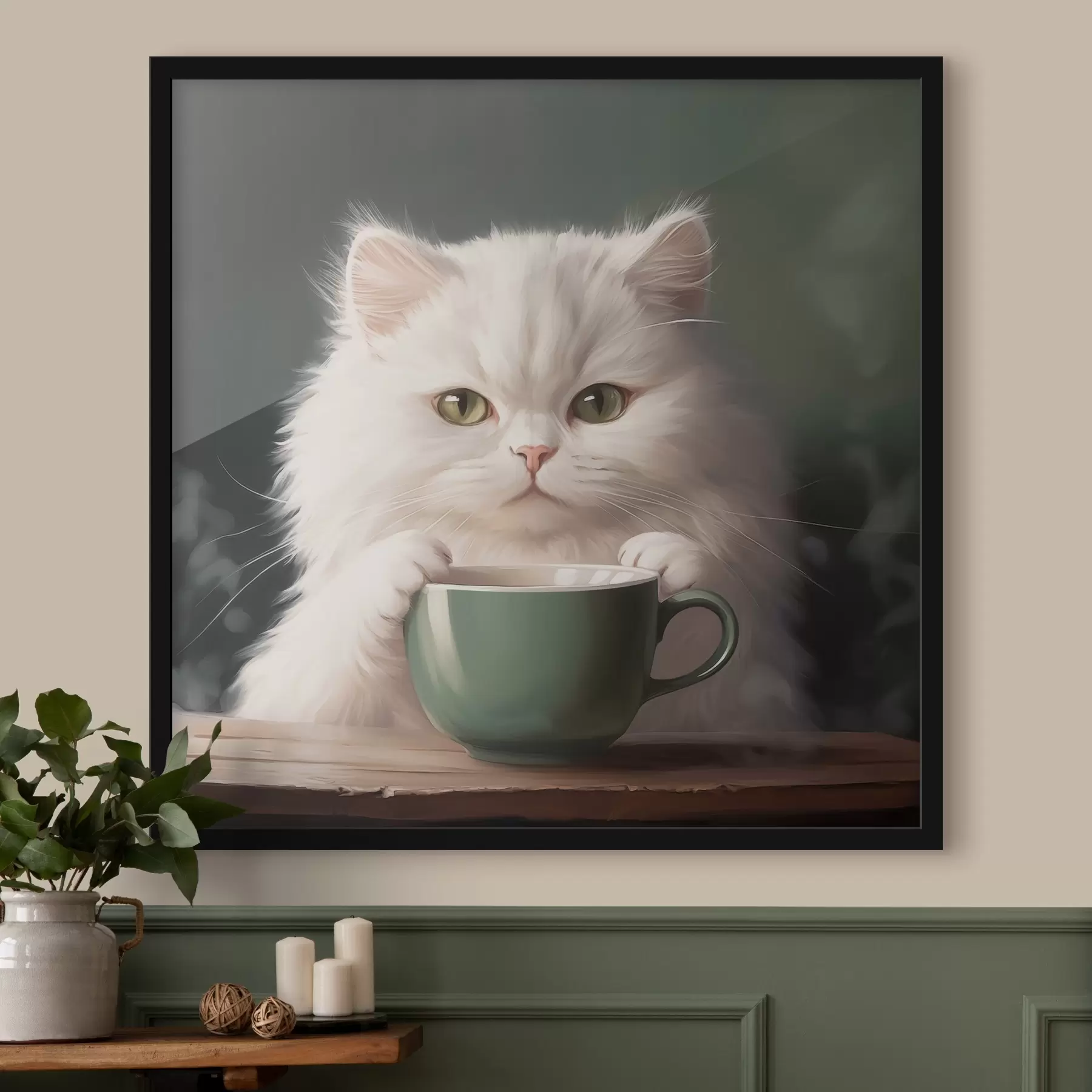 Fototapet Bílá kočka se zeleným pohárem f44032