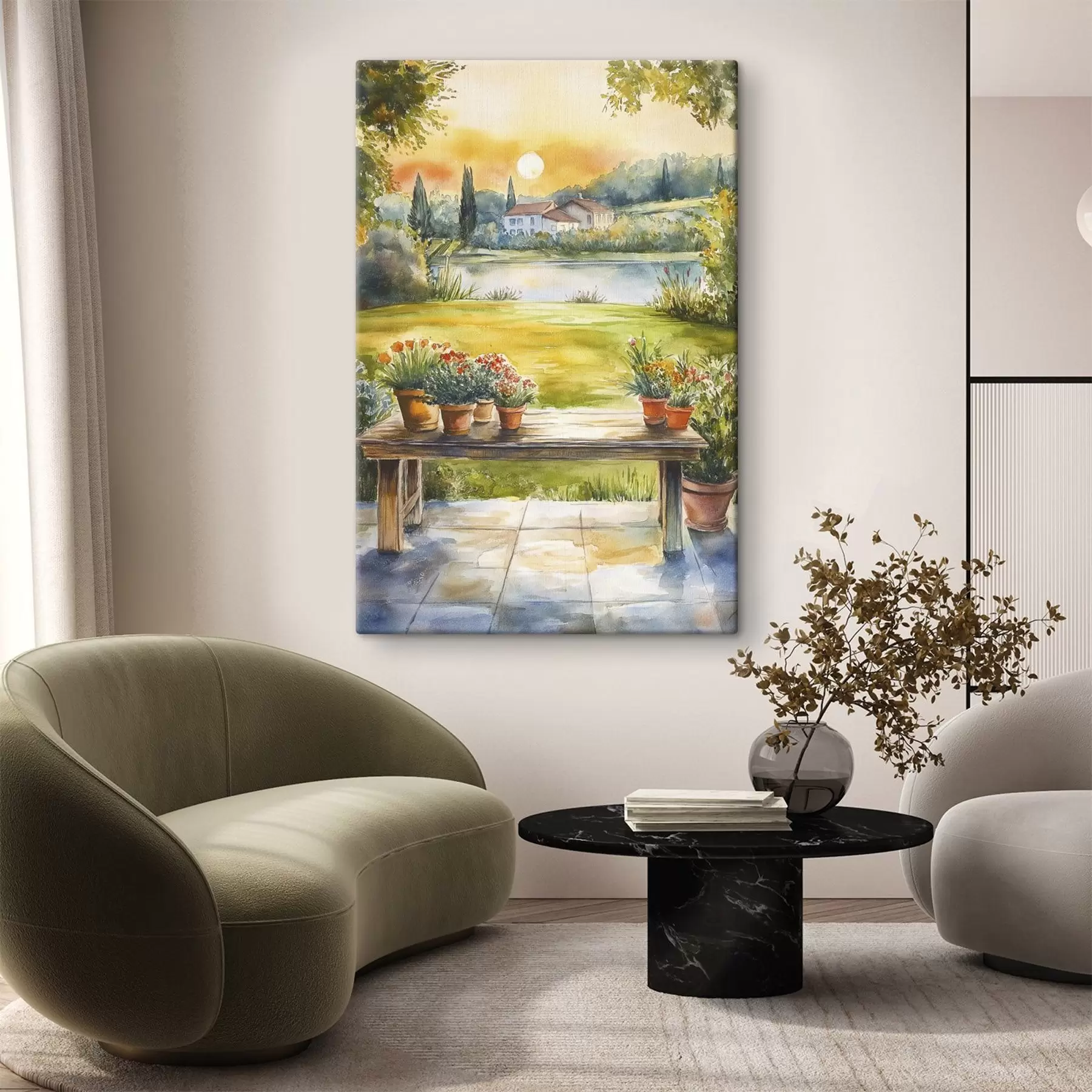 Obraz Vesnice při západu slunce, rustikální, letní květiny, jezero, akvarel Č. s44016