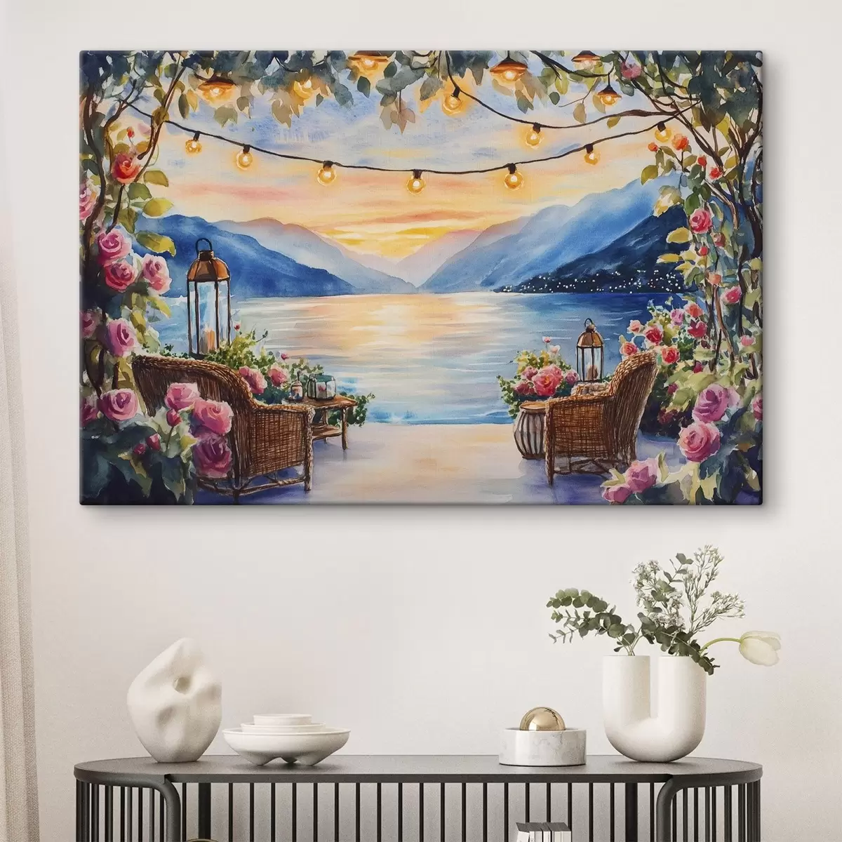 Obraz Krásný západ slunce v horách, jezero, růže, boho styl Č. s44025