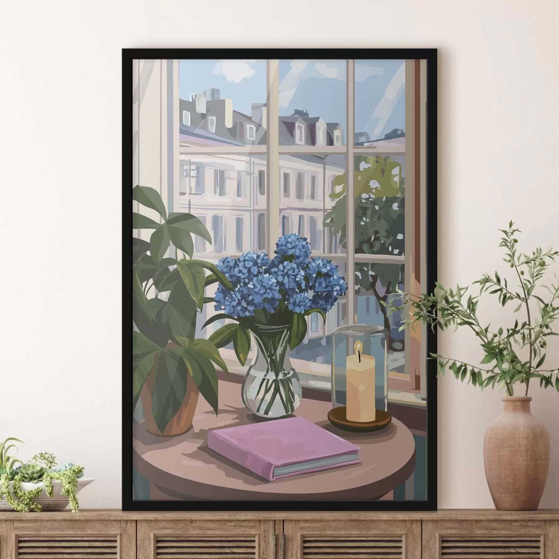 Obraz Hortenzie ve váze, pohled z okna, svíčka, útulný domov Č. f44009