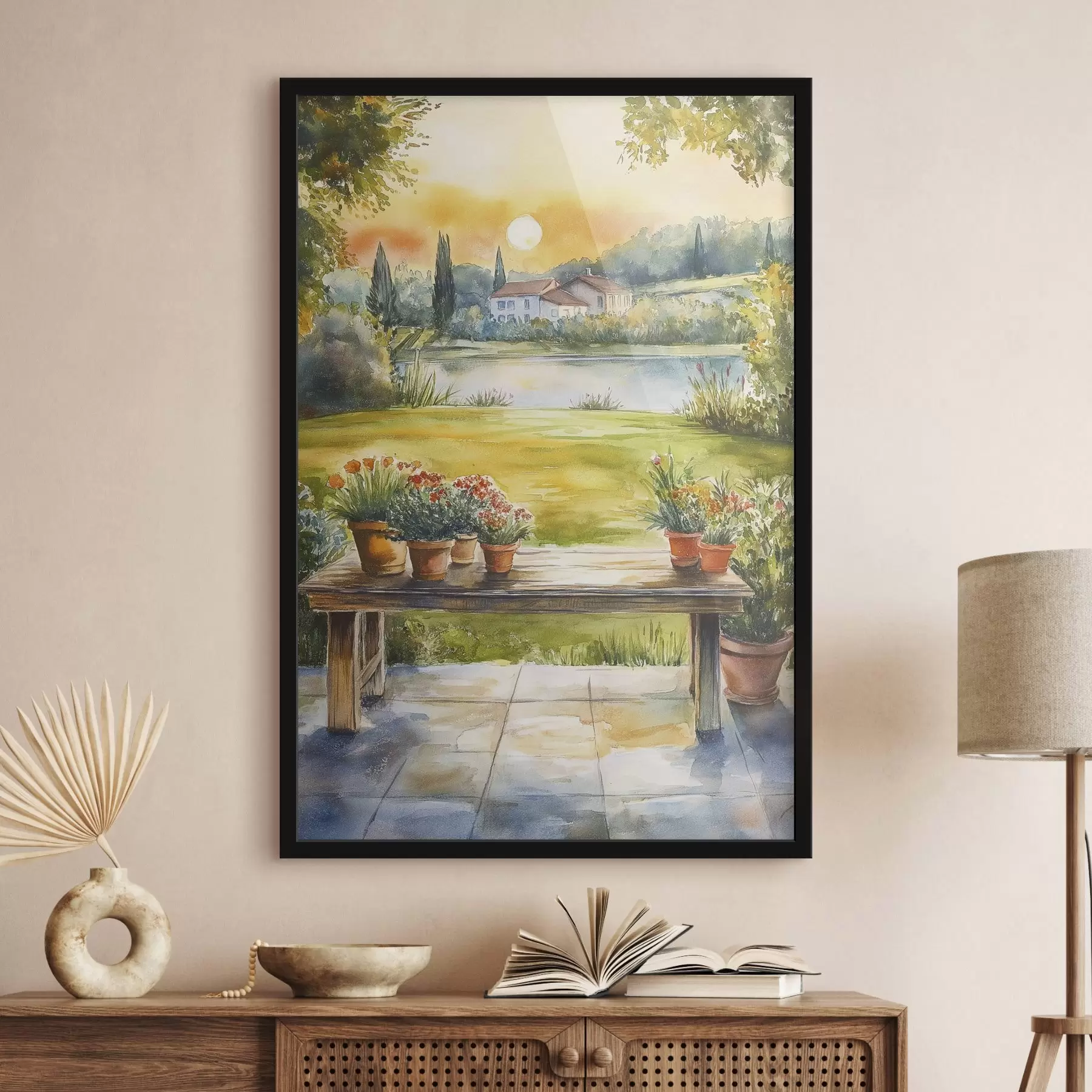 Fototapet Vesnice při západu slunce, rustikální, letní květiny, jezero, akvarel f44016