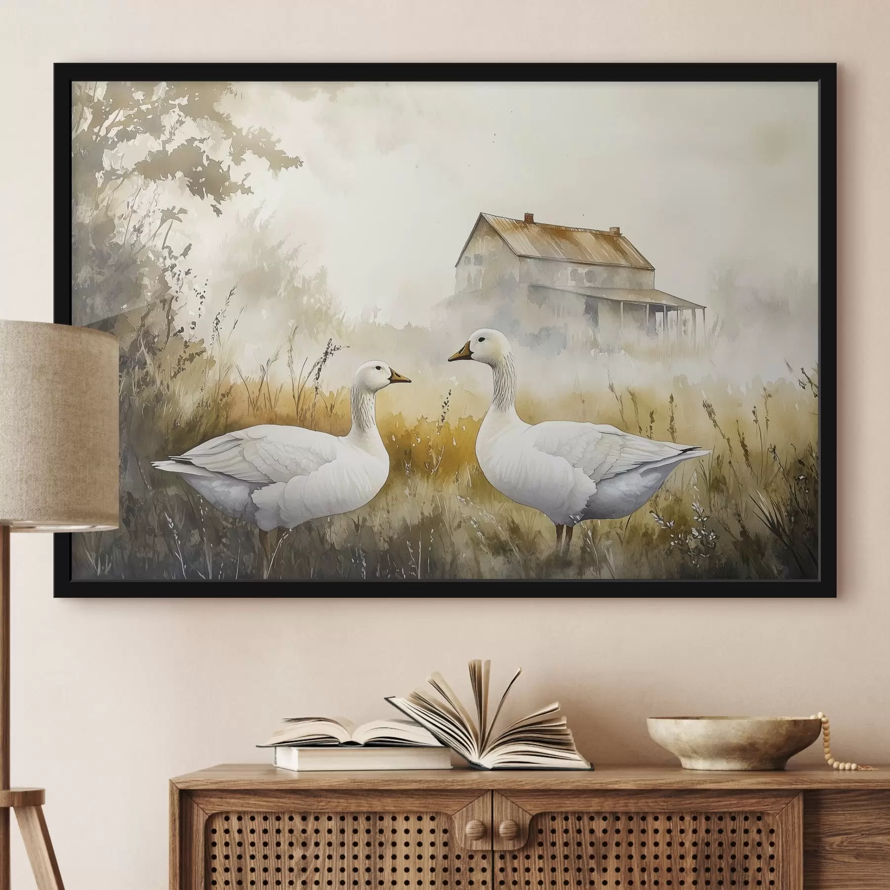 Fototapet Akvarelový styl husy v poli, vesnice, rustikální f44024