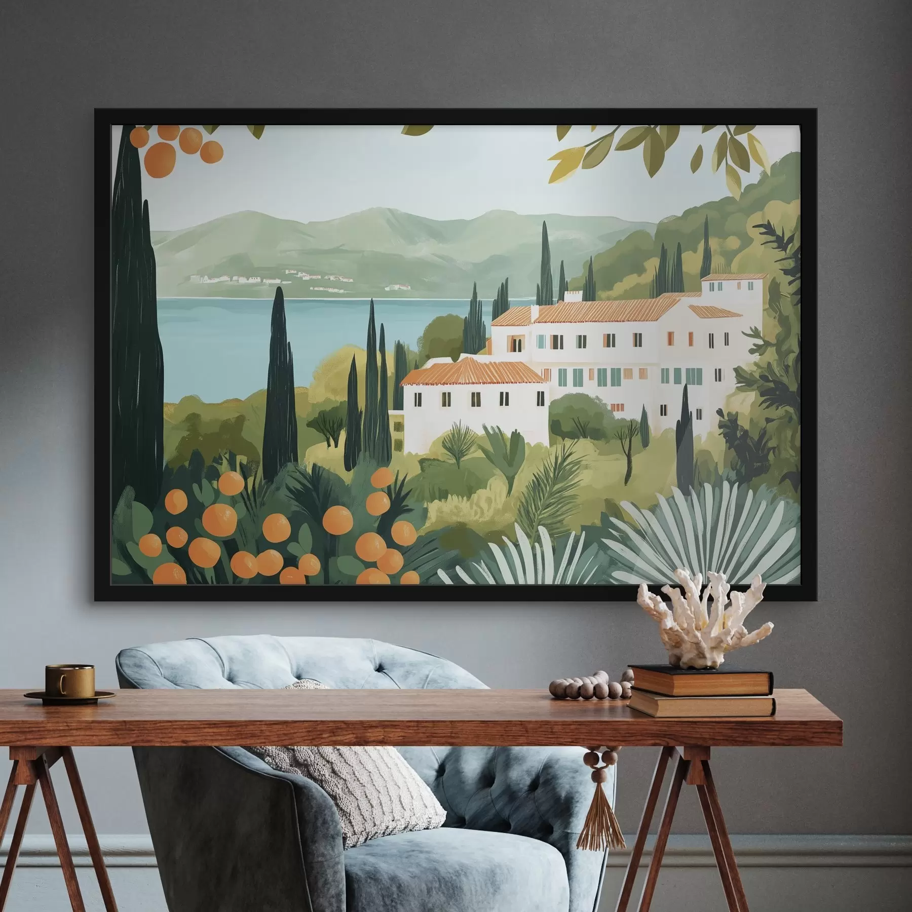 Obraz Středomořská krajina s pomerančovníky a domy, mořské pobřeží Č. f44027