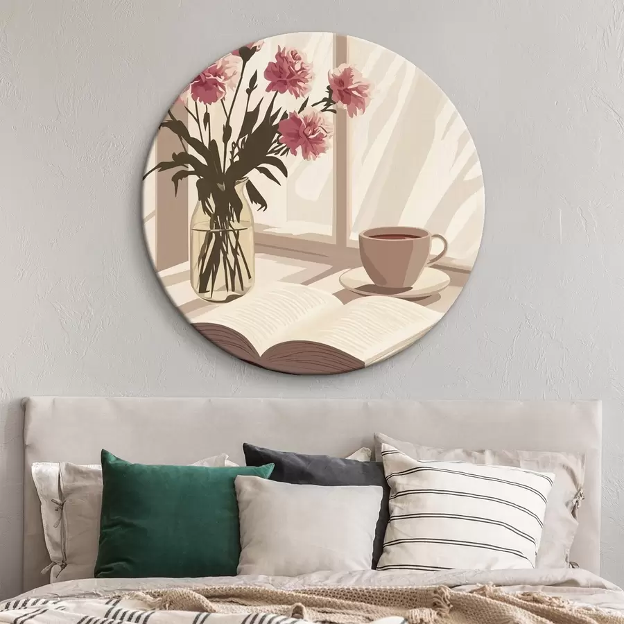 Obraz Ranní estetika, šálek kávy, kniha, květ karafiátu Č. r44012