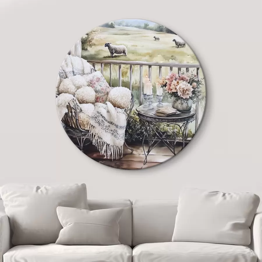 Obraz Venkovská farma s ovcemi, pole, rustikální květiny, akvarelový styl Č. r44014