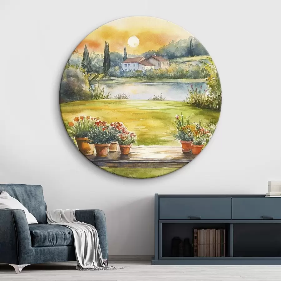 Obraz Vesnice při západu slunce, rustikální, letní květiny, jezero, akvarel Č. r44016