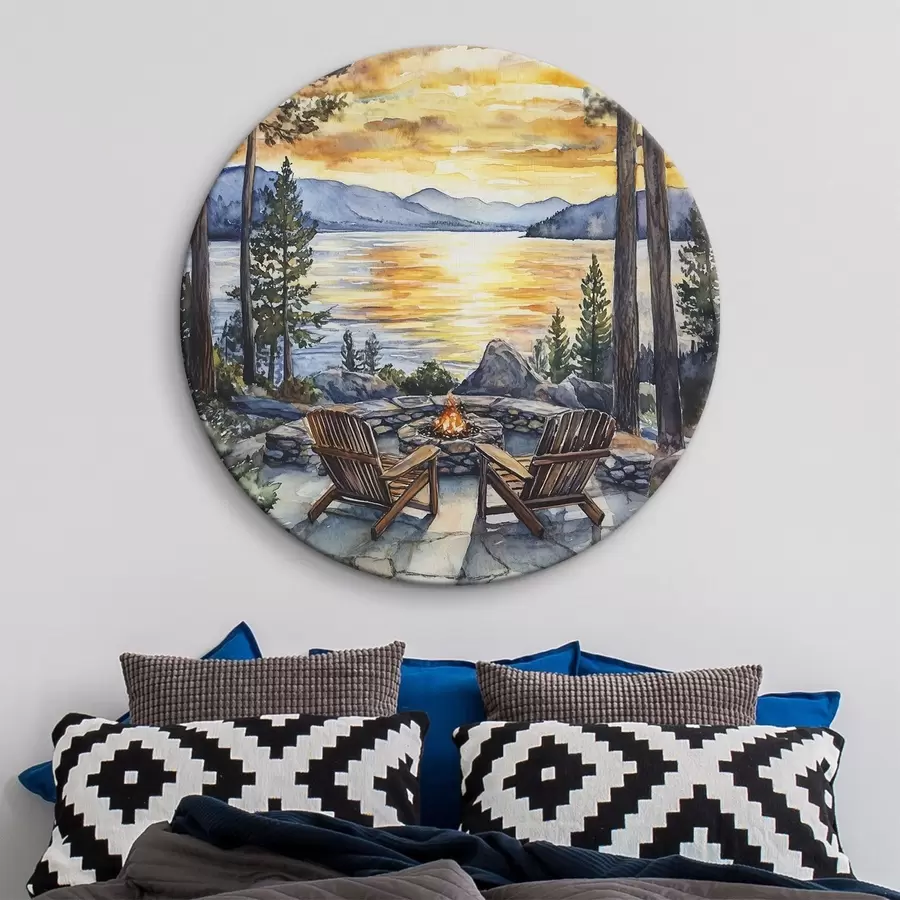 Obraz Jezero s horami při západu slunce, cestování, útulný krb, akvarel Č. r44018