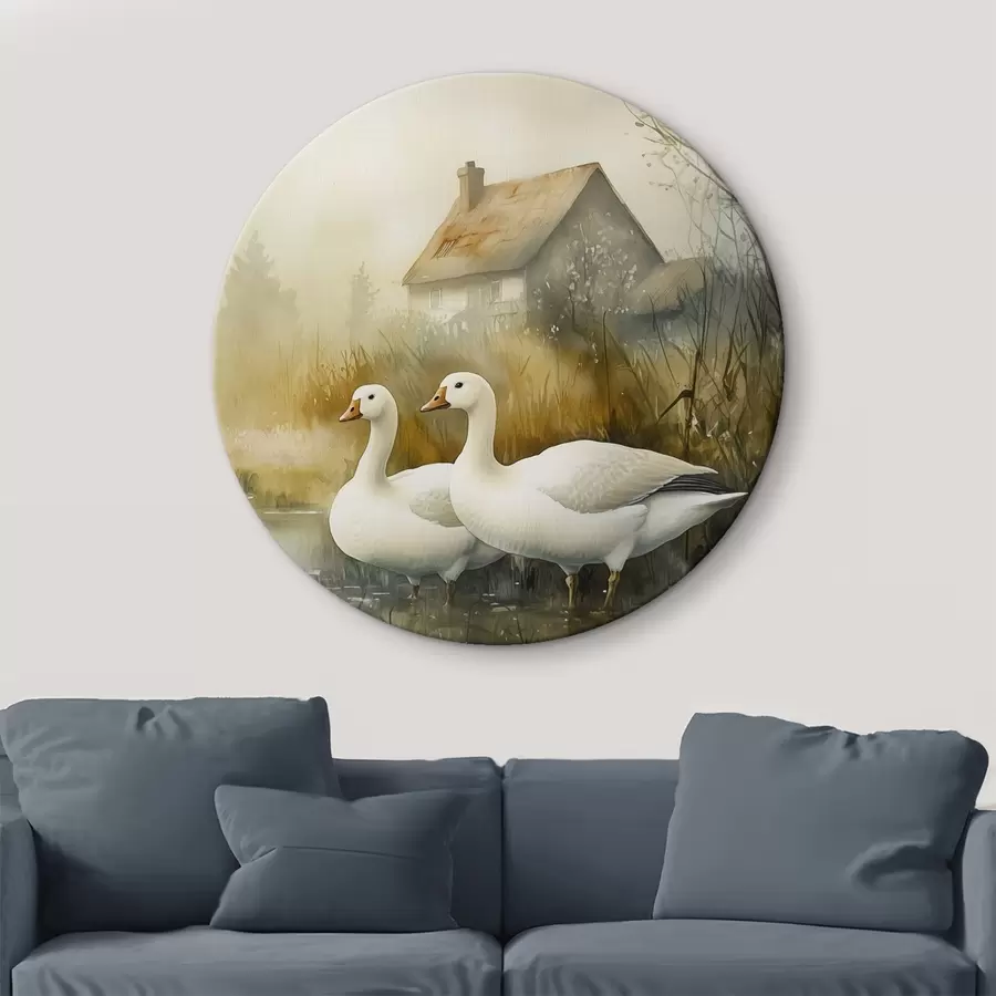 Obraz Husy v jezeře u statku, rustikální, akvarelový styl Č. r44022