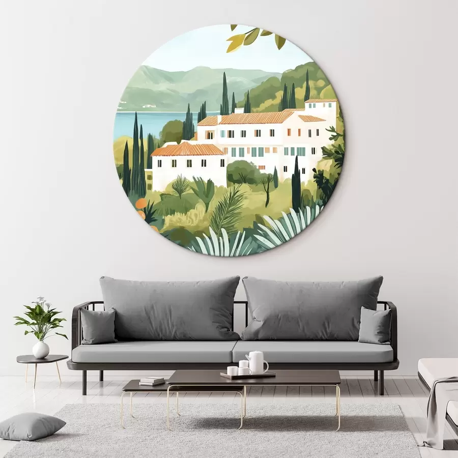 Obraz Středomořská krajina s pomerančovníky a domy, mořské pobřeží Č. r44027