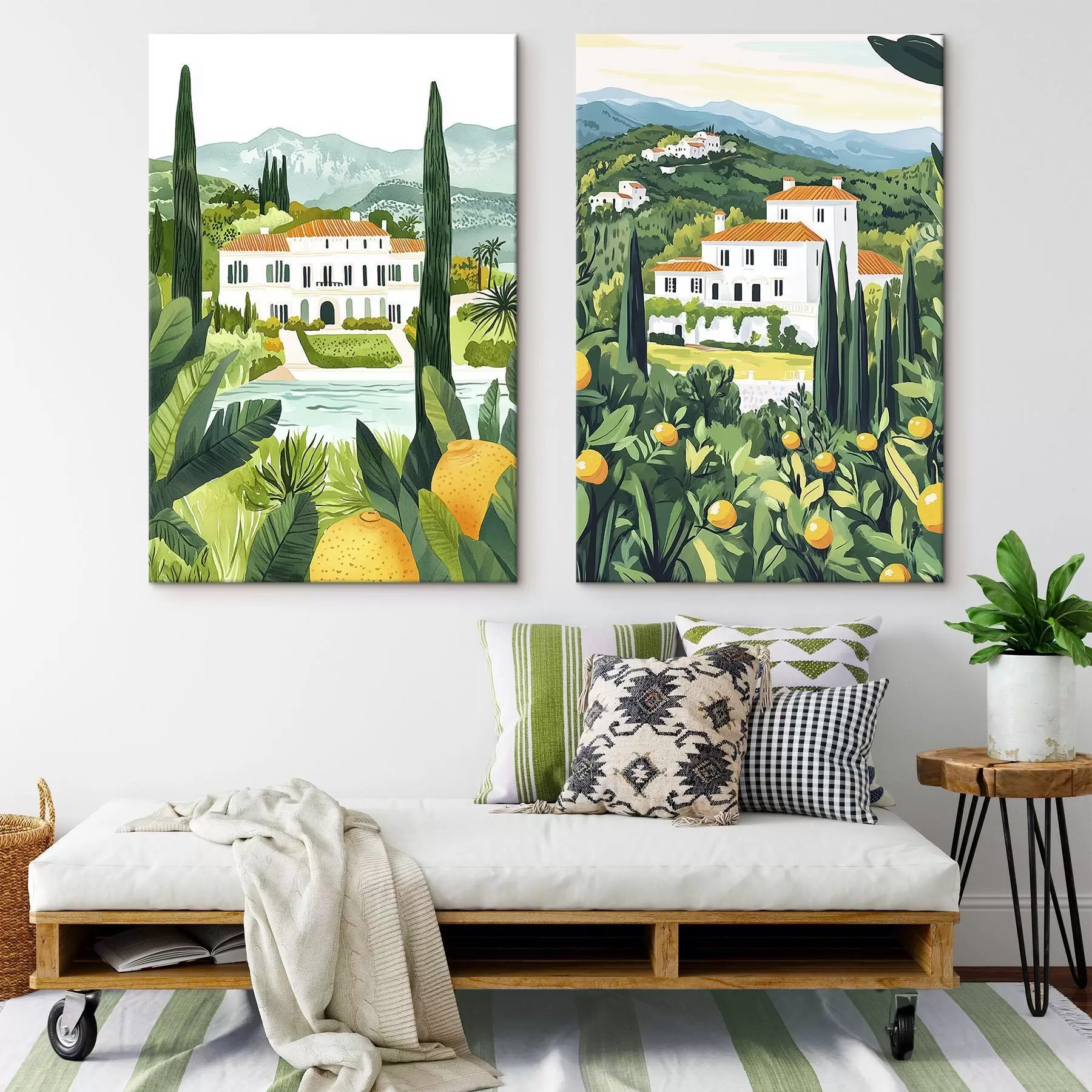 Obraz Středomořská krajina se stromy a domy, mořské pobřeží, Španělsko Č. m00450