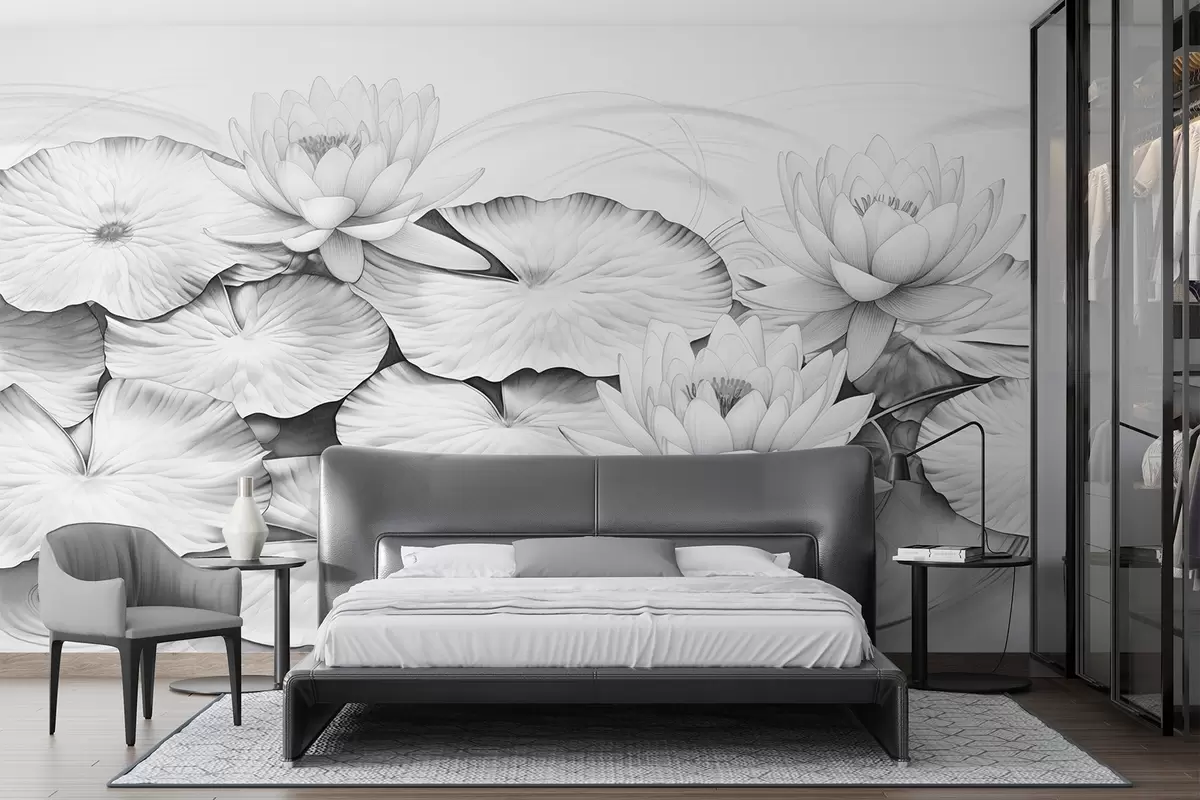 Fototapet Lekníny a lekníny v rybníce, černobílá imitace kresby tužkou, detailní botanická ilustrace, přírodní umění w09006