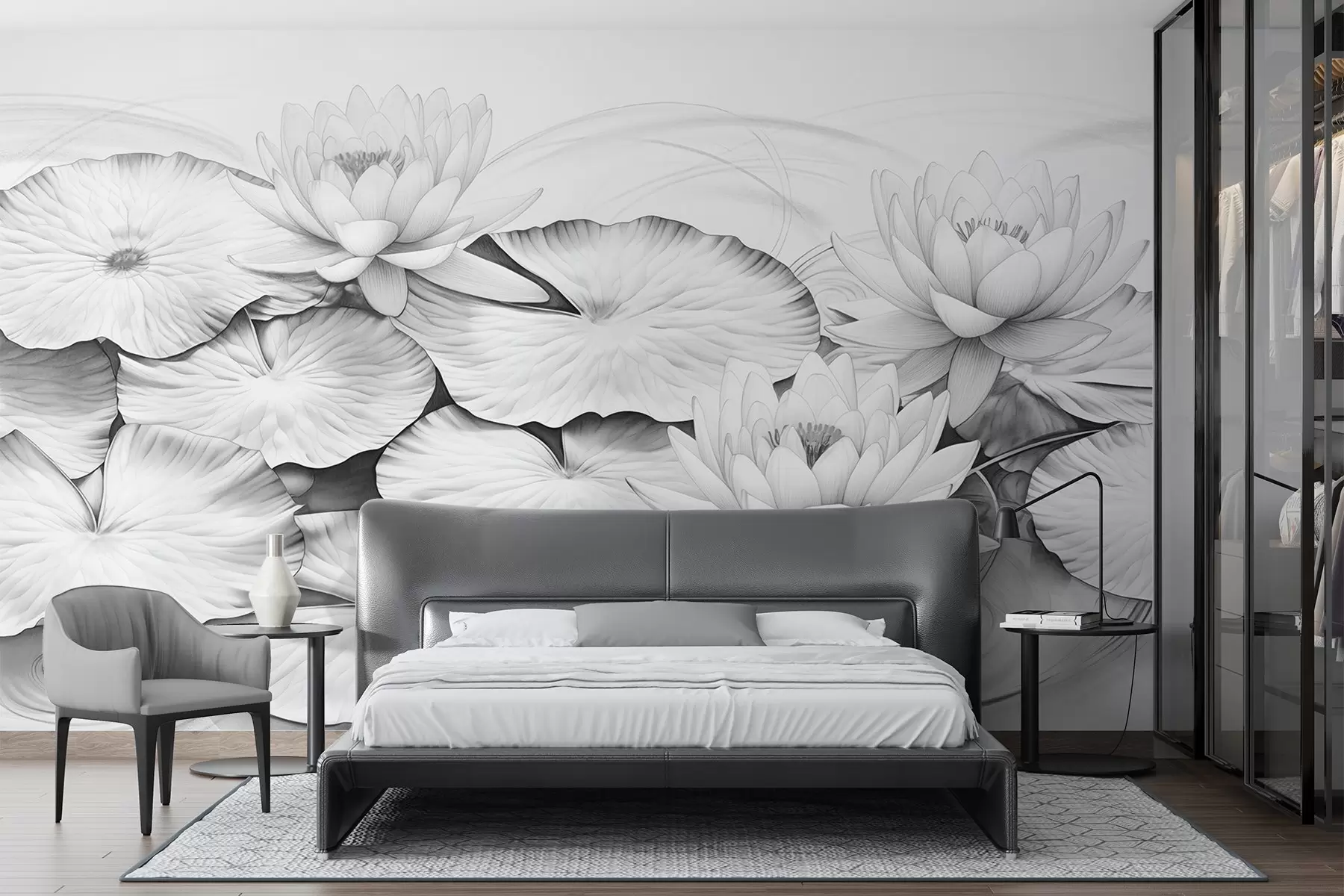 Fototapet Lekníny a lekníny v rybníce, černobílá imitace kresby tužkou, detailní botanická ilustrace, přírodní umění w09006