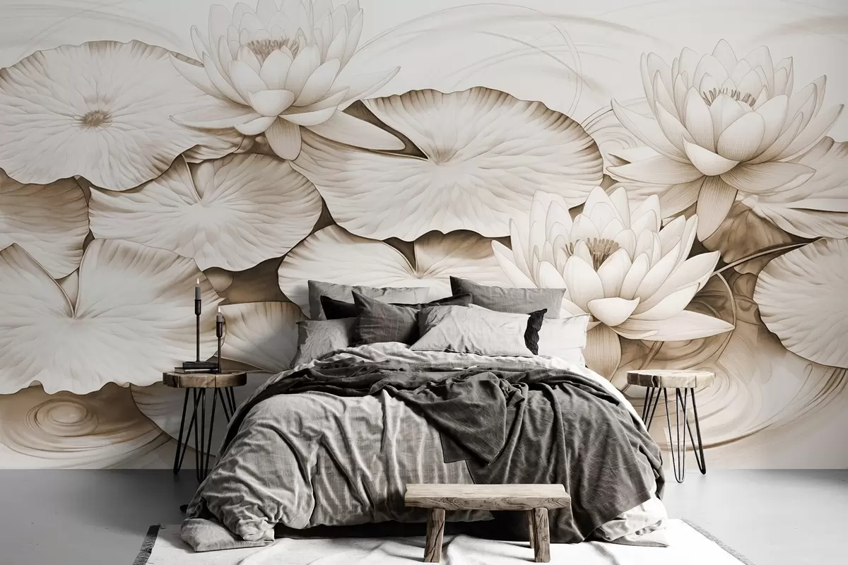 Fototapet Lekníny a lekníny v rybníce, hnědobílá imitace kresby tužkou, detailní botanická ilustrace, přírodní umění w09006v2