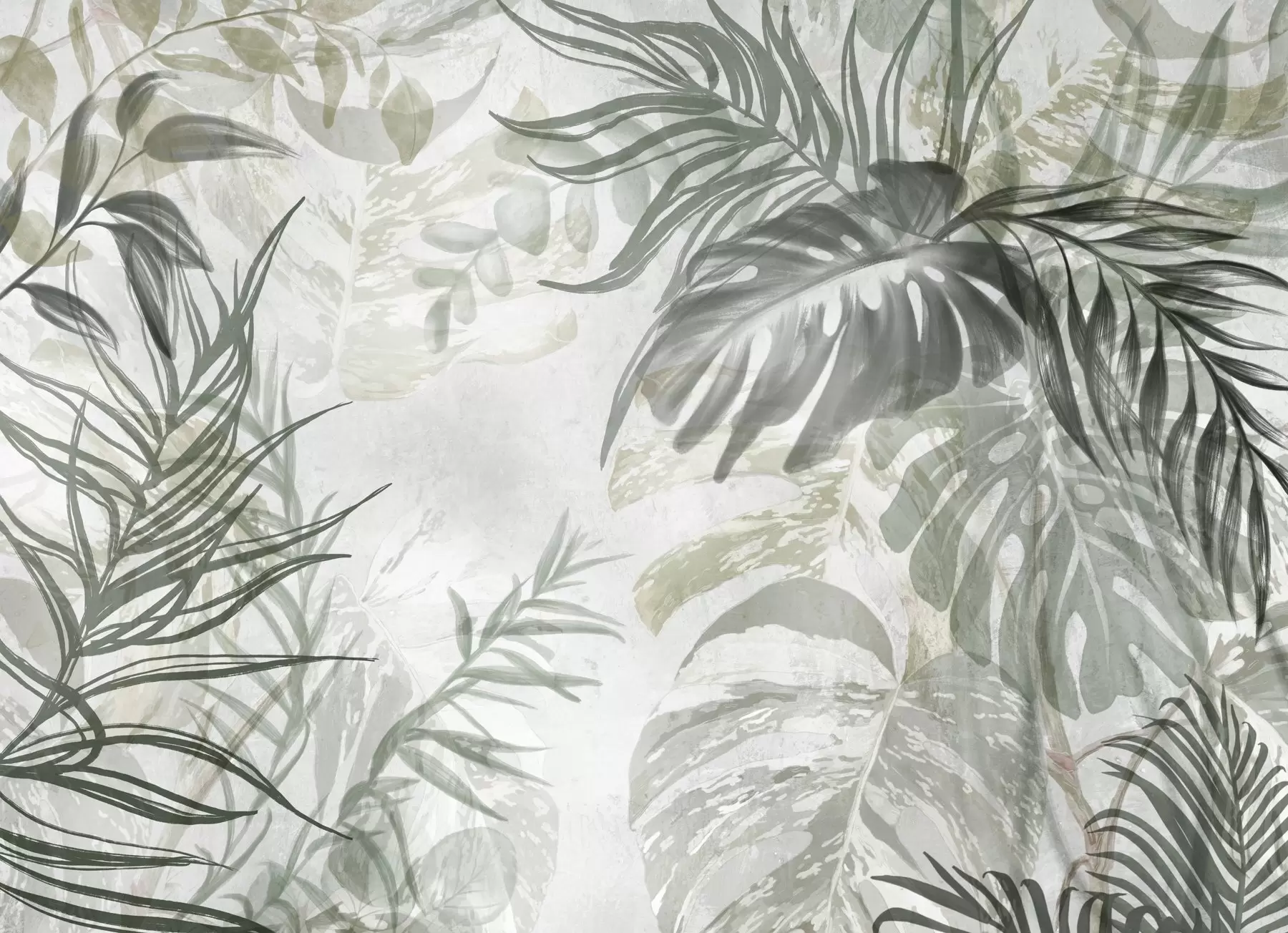 Fototapet Monstera a palmové listy v odstínech zelené a šedé, botanické, tropické listí, rostliny džungle, texturované pozadí w09011