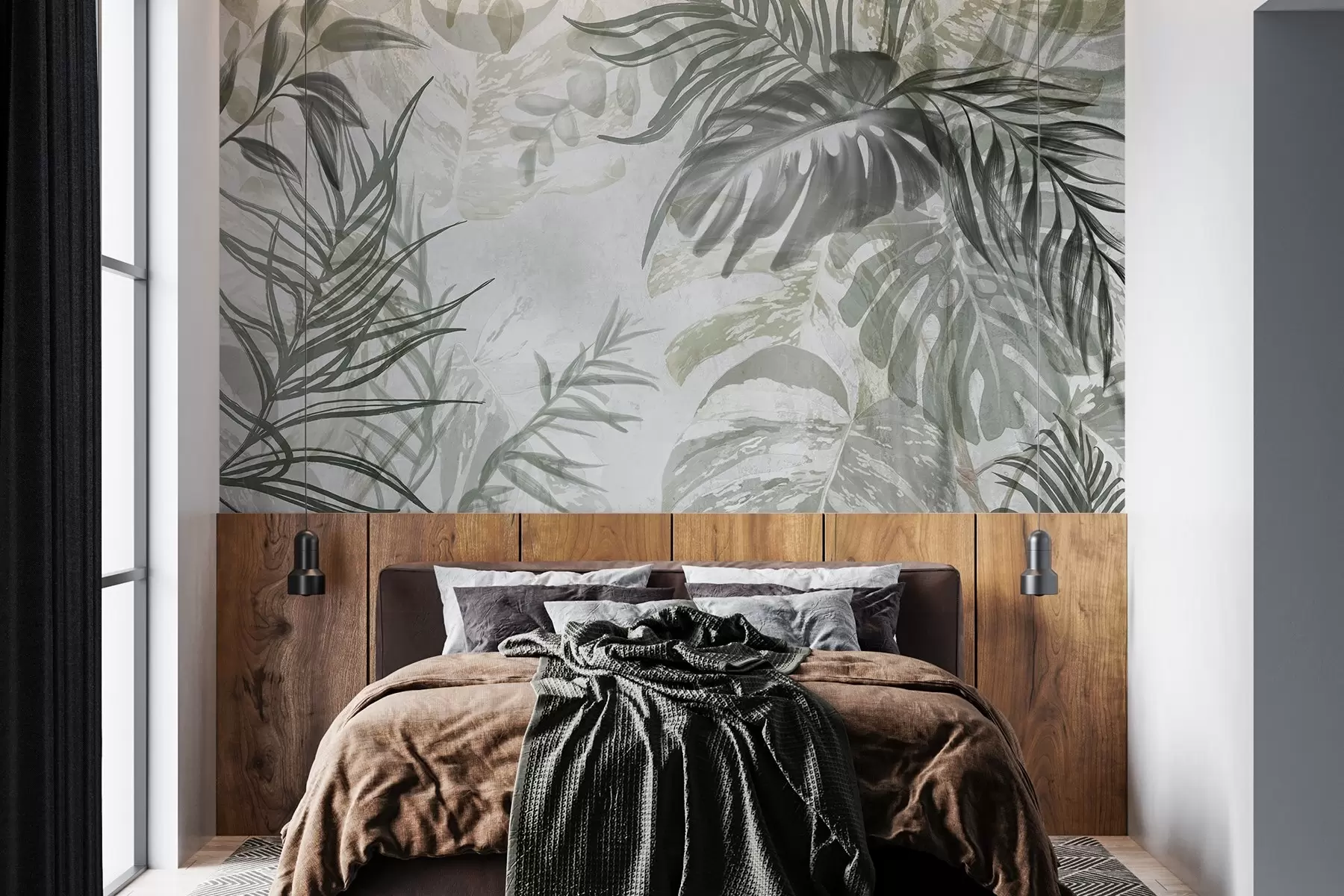 Fototapet Monstera a palmové listy v odstínech zelené a šedé, botanické, tropické listí, rostliny džungle, texturované pozadí w09011