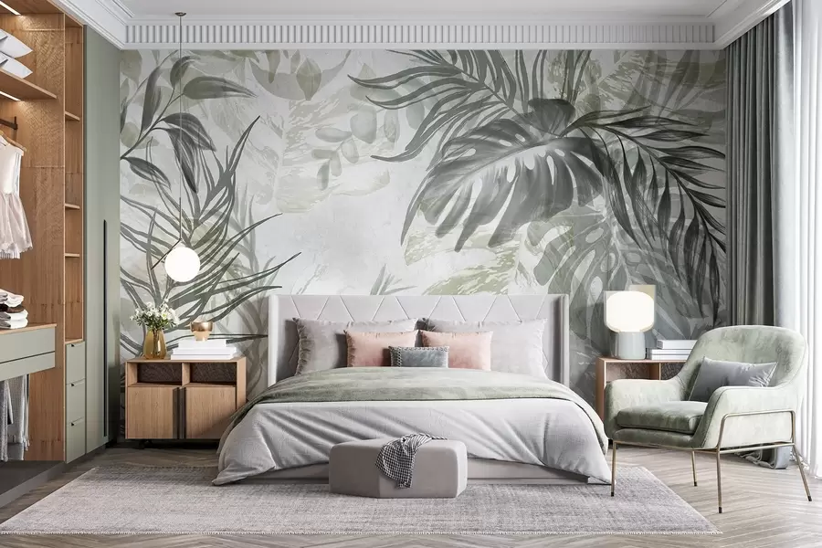 Fototapet Monstera a palmové listy v odstínech zelené a šedé, botanické, tropické listí, rostliny džungle, texturované pozadí w09011