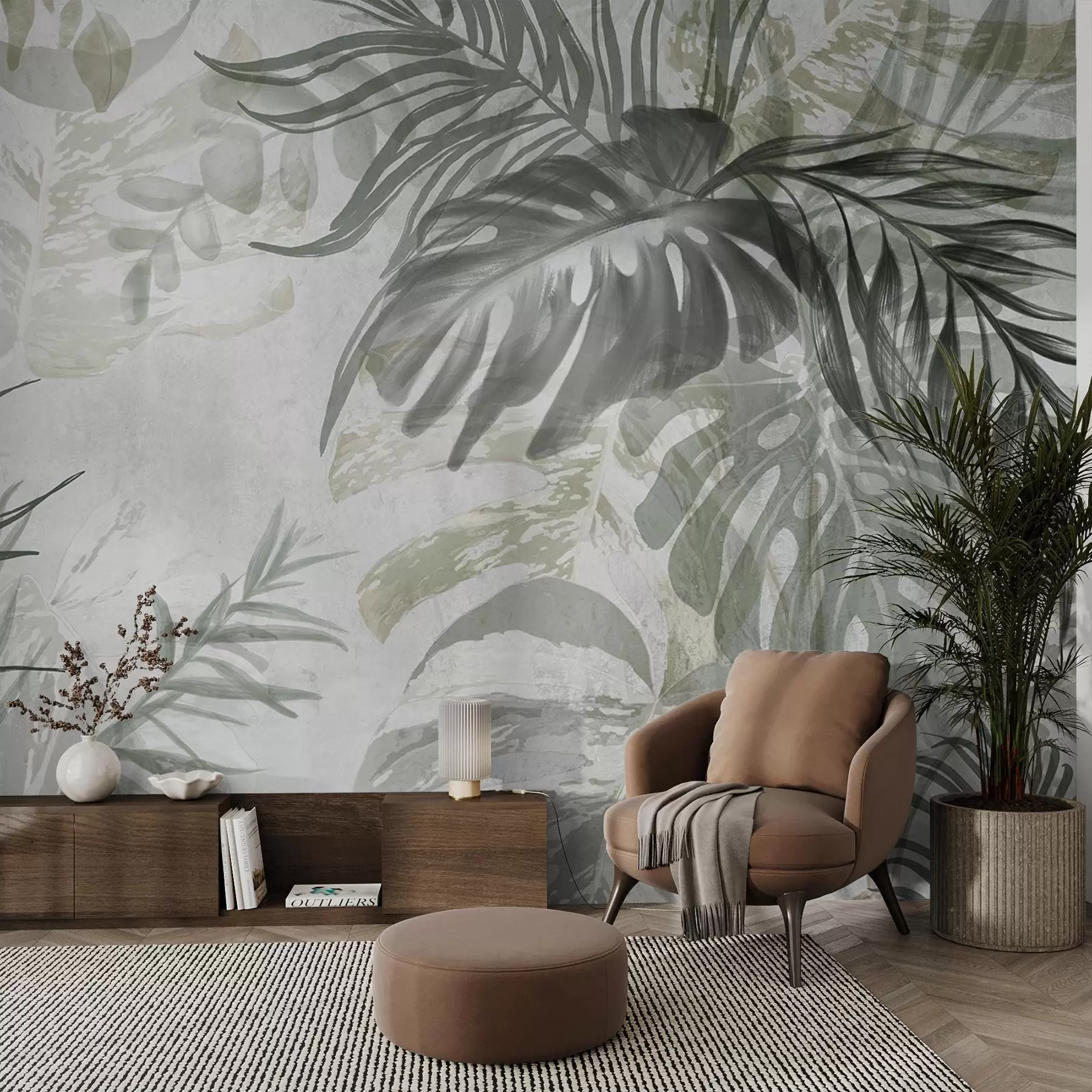 Fototapet Monstera a palmové listy v odstínech zelené a šedé, botanické, tropické listí, rostliny džungle, texturované pozadí w09011