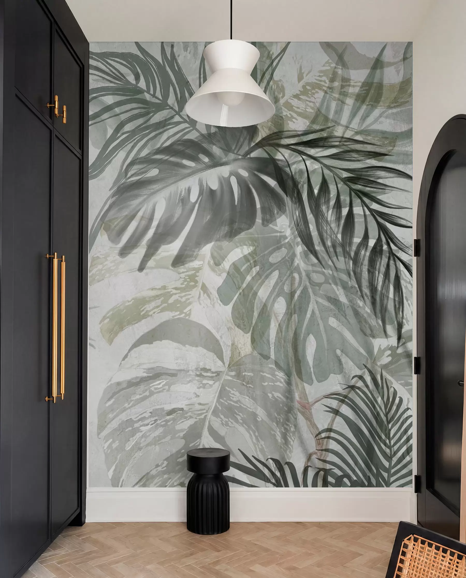Fototapet Monstera a palmové listy v odstínech zelené a šedé, botanické, tropické listí, rostliny džungle, texturované pozadí w09011