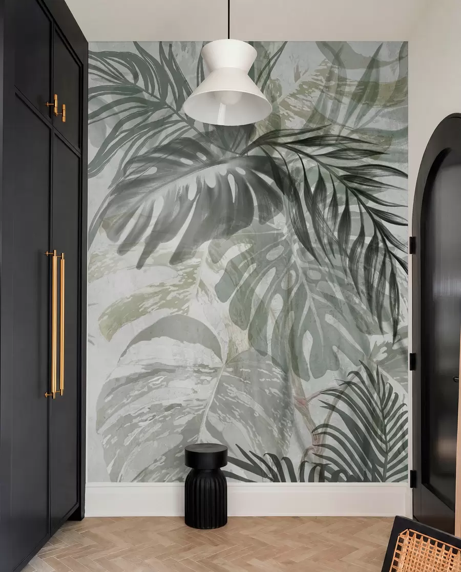 Fototapet Monstera a palmové listy v odstínech zelené a šedé, botanické, tropické listí, rostliny džungle, texturované pozadí w09011
