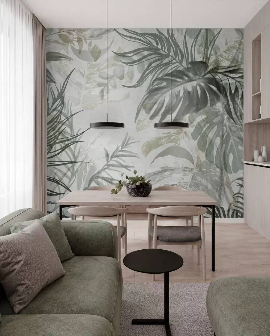 Fototapet Monstera a palmové listy v odstínech zelené a šedé, botanické, tropické listí, rostliny džungle, texturované pozadí w09011