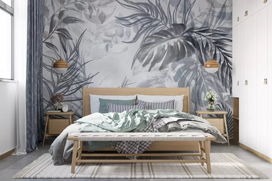 Fototapet Monstera a palmové listy v odstínech modré a šedé, botanické, tropické listí, rostliny džungle, texturované pozadí w09011v1