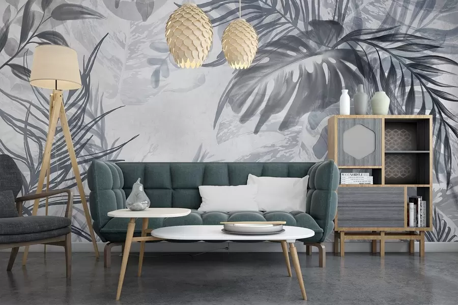Fototapet Monstera a palmové listy v odstínech modré a šedé, botanické, tropické listí, rostliny džungle, texturované pozadí w09011v1