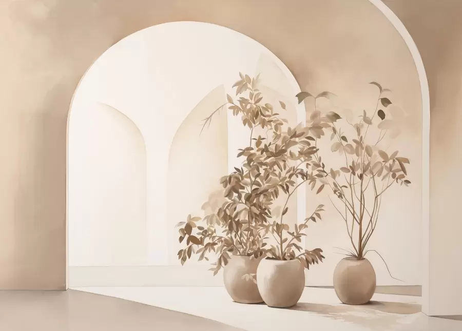 Fototapet Rostliny v květináčích v béžových tónech před abstraktními oblouky, minimalistický styl, elegantní a čisté, neutrální pozadí w09013