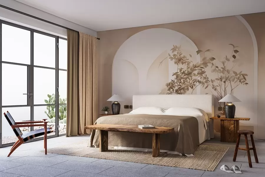 Fototapet Rostliny v květináčích v béžových tónech před abstraktními oblouky, minimalistický styl, elegantní a čisté, neutrální pozadí w09013