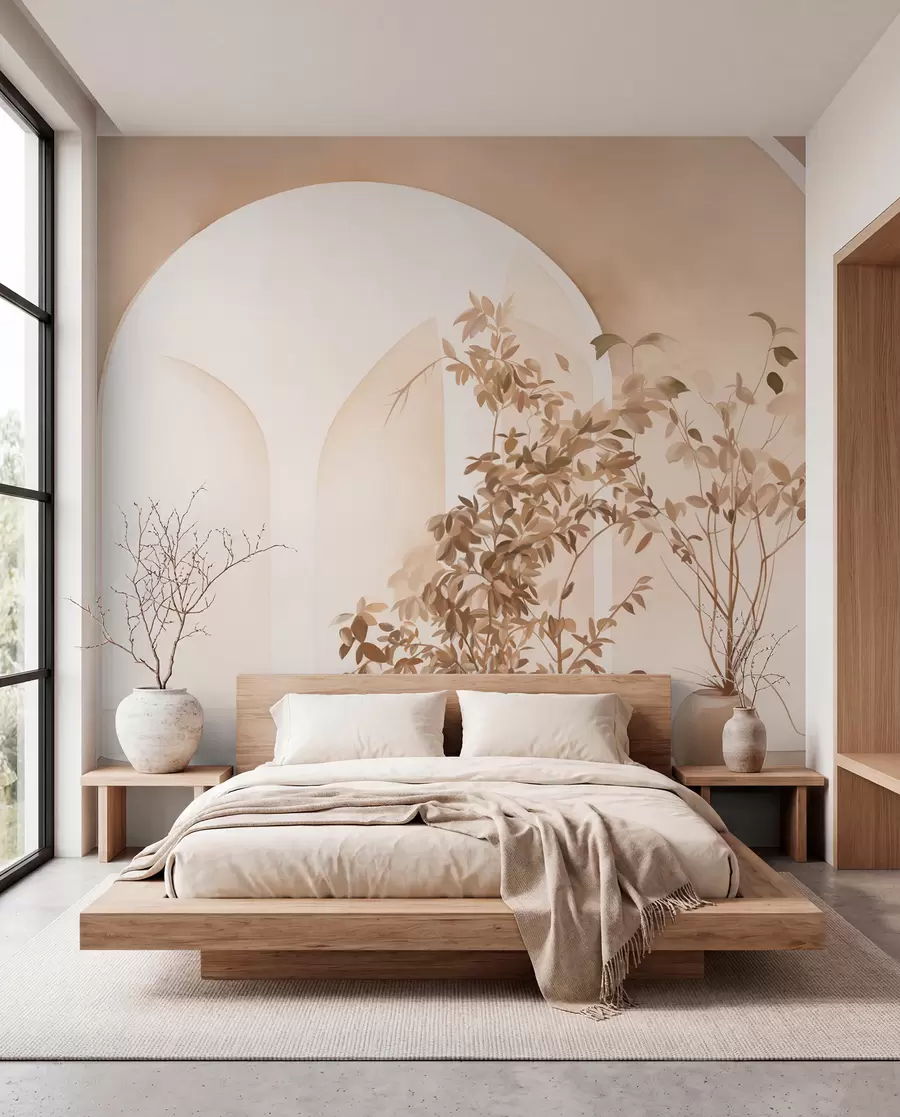 Fototapet Rostliny v květináčích v béžových tónech před abstraktními oblouky, minimalistický styl, elegantní a čisté, neutrální pozadí w09013