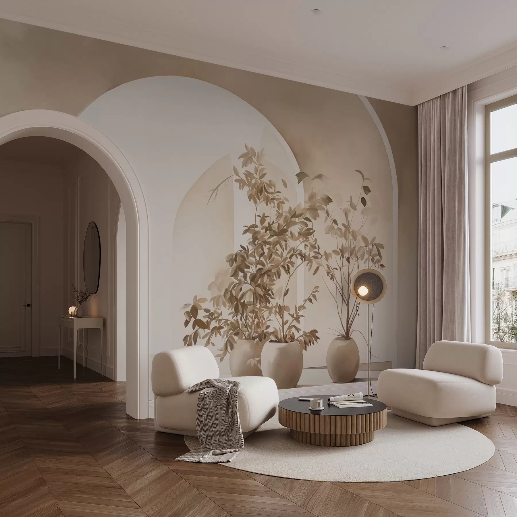 Fototapet Rostliny v květináčích v béžových tónech před abstraktními oblouky, minimalistický styl, elegantní a čisté, neutrální pozadí w09013