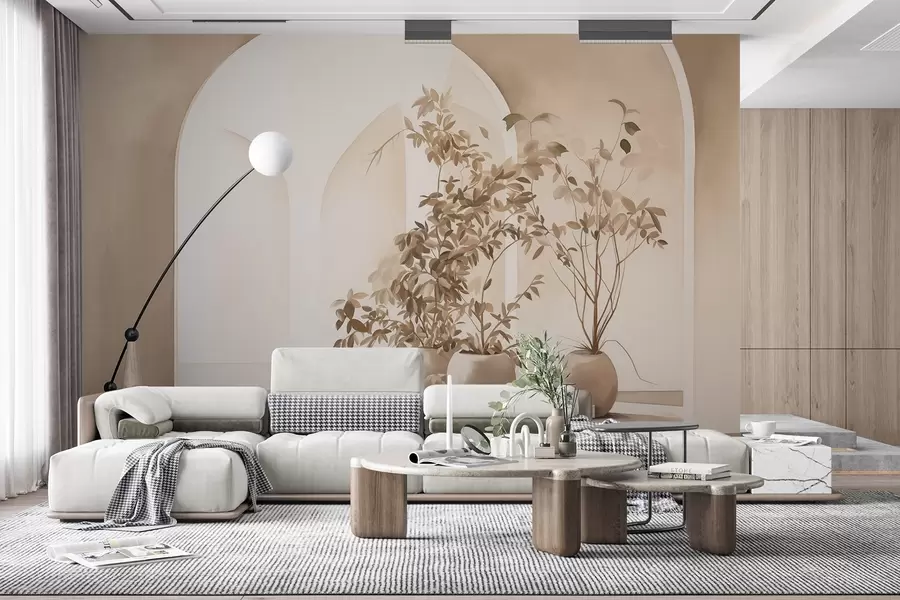 Fototapet Rostliny v květináčích v béžových tónech před abstraktními oblouky, minimalistický styl, elegantní a čisté, neutrální pozadí w09013