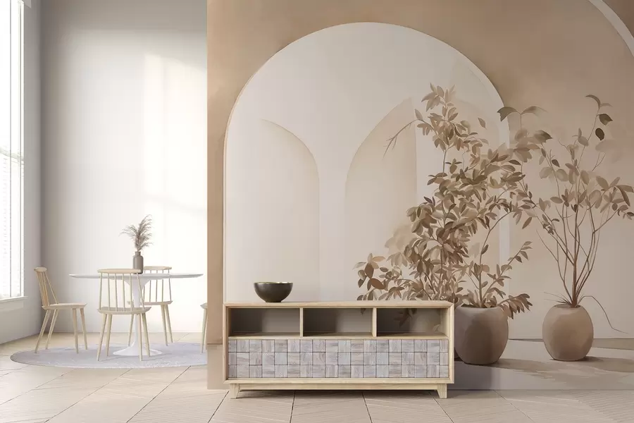 Fototapet Rostliny v květináčích v béžových tónech před abstraktními oblouky, minimalistický styl, elegantní a čisté, neutrální pozadí w09013