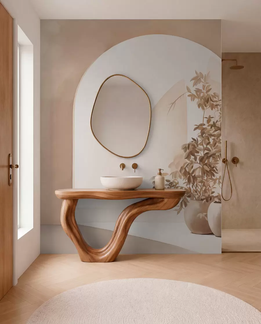 Fototapet Rostliny v květináčích v béžových tónech před abstraktními oblouky, minimalistický styl, elegantní a čisté, neutrální pozadí w09013