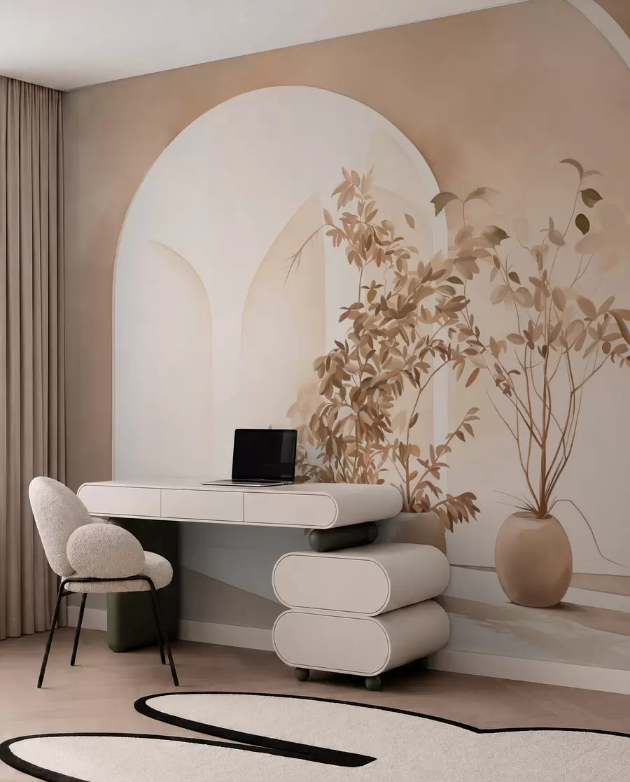 Fototapet Rostliny v květináčích v béžových tónech před abstraktními oblouky, minimalistický styl, elegantní a čisté, neutrální pozadí w09013