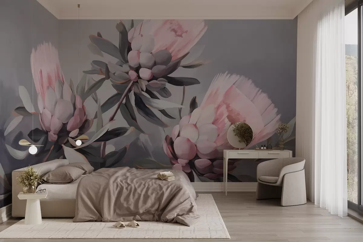 Fototapet Růžové abstraktní květy protea s šedými listy, měkké texturované tahy štětcem, tlumené barvy, na rozmazaném šedém pozadí w09014