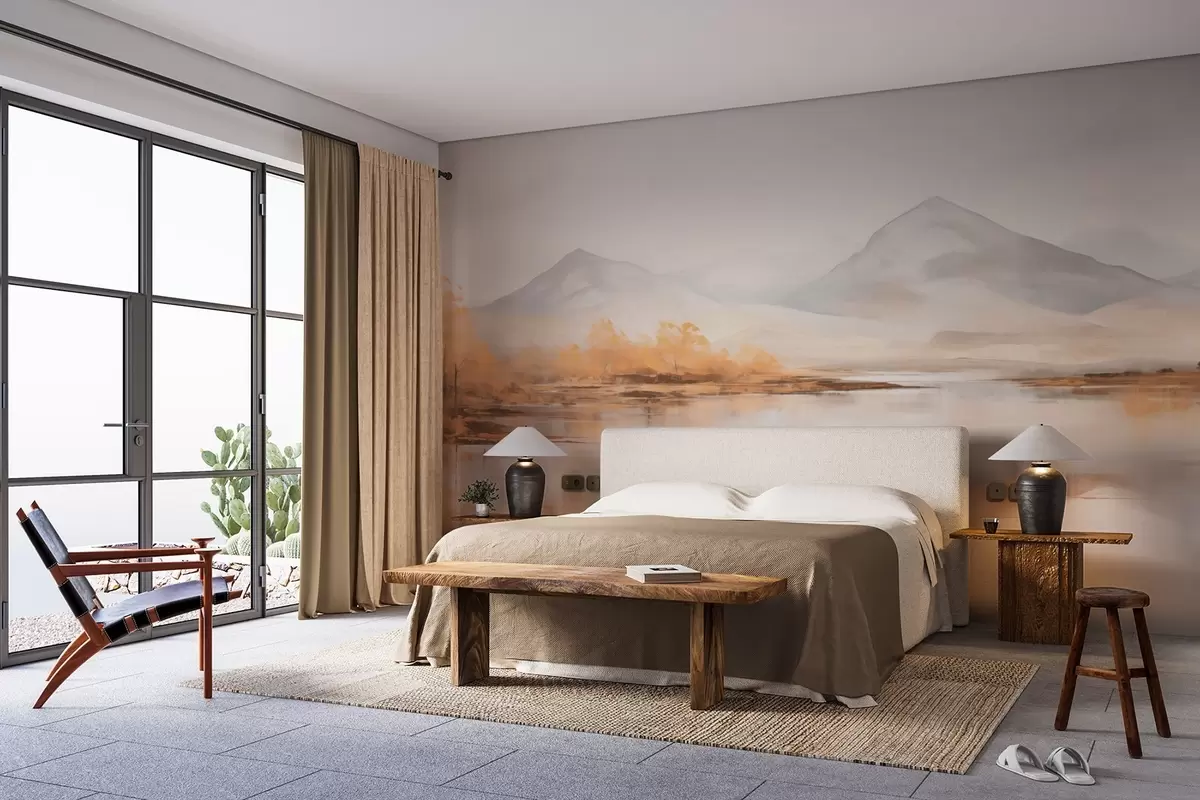 Fototapet Podzimní krajina se žlutými stromy a řekou na pozadí hor w09020