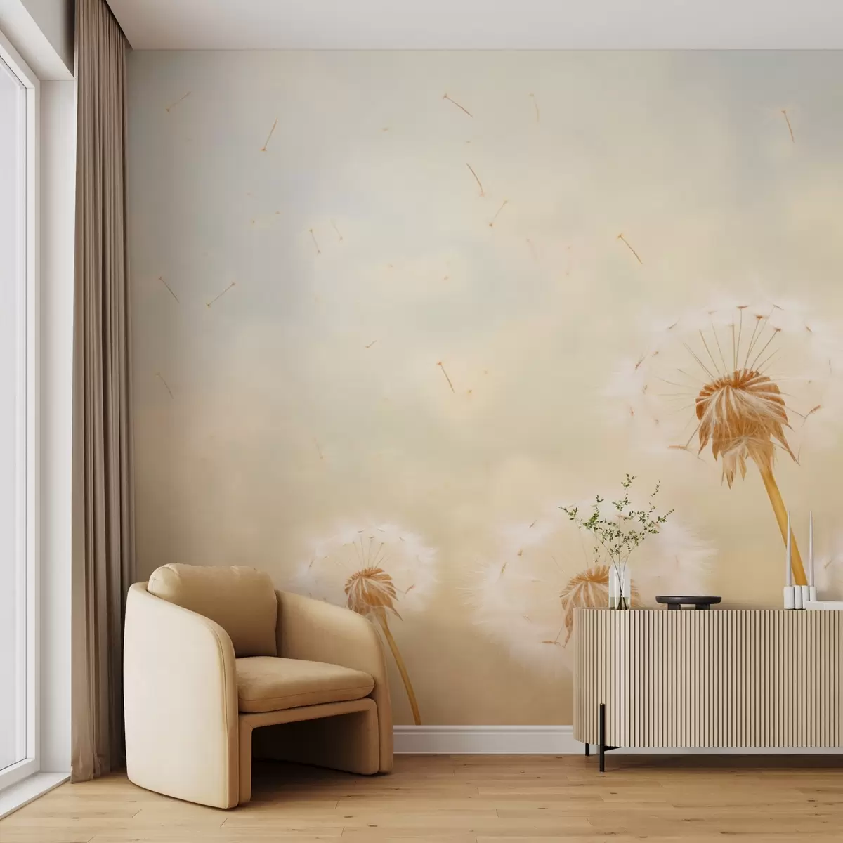 Fototapet Vzdušné béžové pampelišky vlající ve větru proti obloze w09028