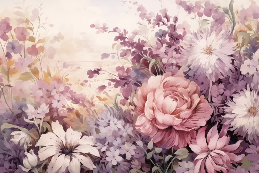 Fototapet Barevné květiny v růžových a fialových tónech: šeříky, pivoňky, chryzantémy w09039