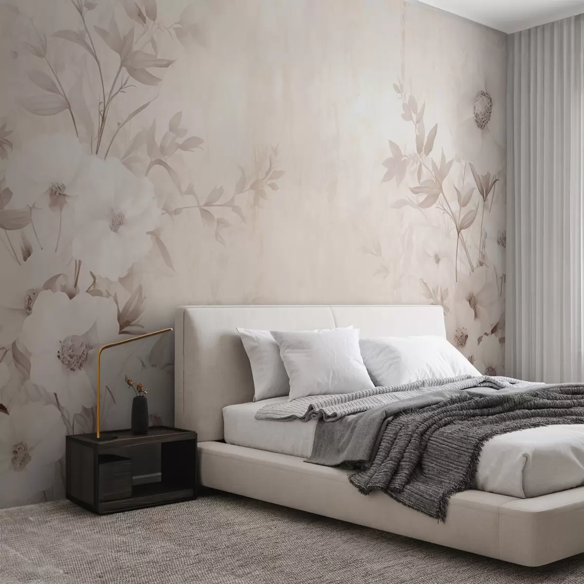 Fototapet Květiny s listy v neutrálních světlých tónech v akvarelovém stylu w09040