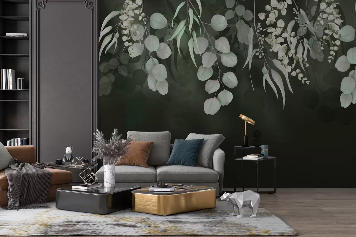 Fototapet Tropické listy na tmavě zeleném pozadí, květinový motiv w03752