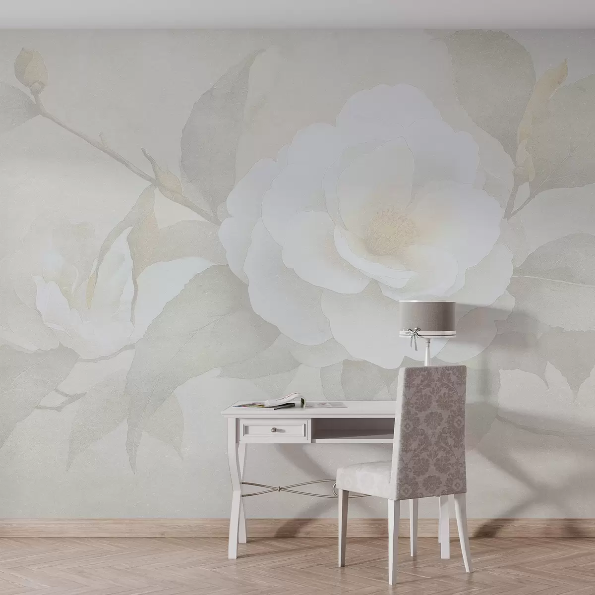 Fototapet Jemný pastel s květy kamélie na větvi, béžové barvy w03760